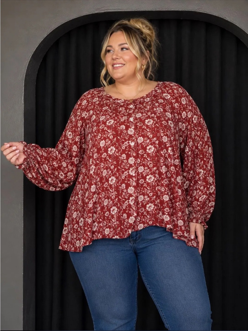 NWT BloomChic Plus-Size Floral Button-Front Blouse in Rust Size 30 (5XL)